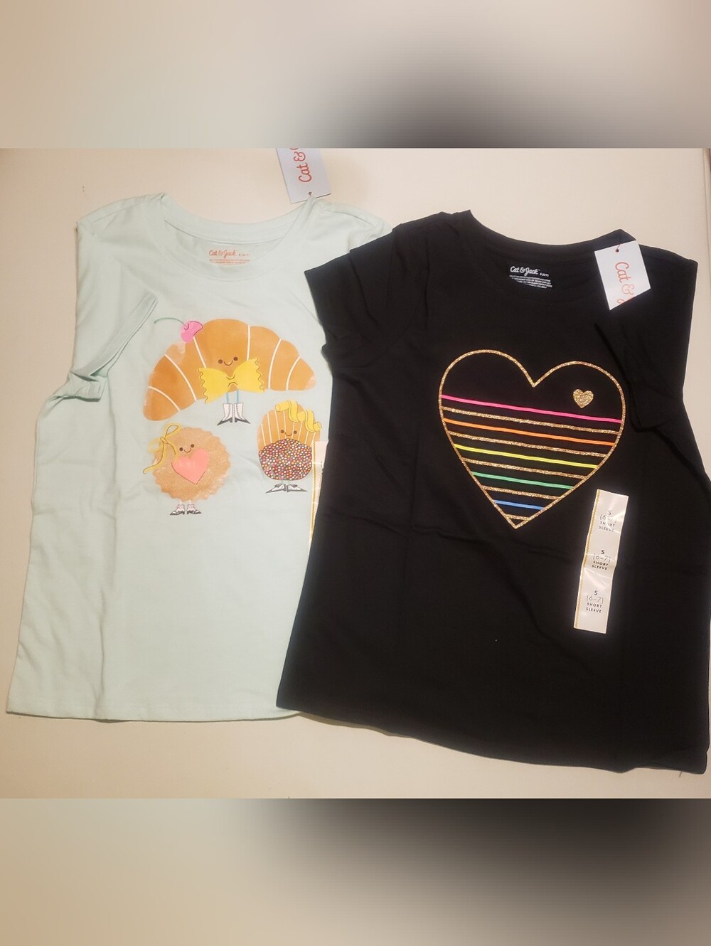 Cat & Jack Black Tee with Rainbow Stripe Heart and Mint Tee With Crossiant